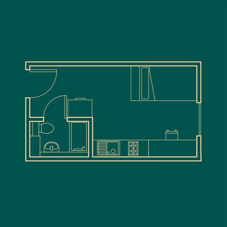 Blue print of a studio flat on dark green background