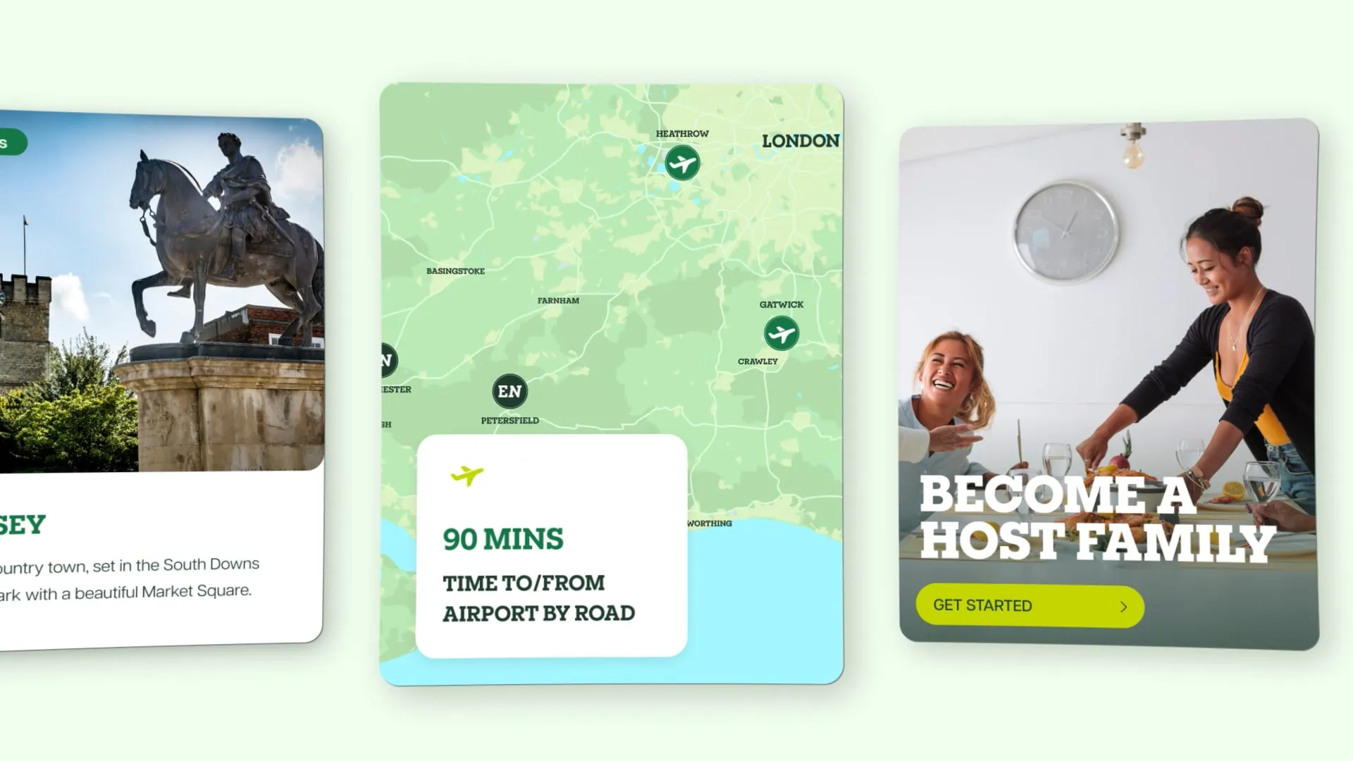 Website cards showcasing location details, travel times and host family information for English Naturally