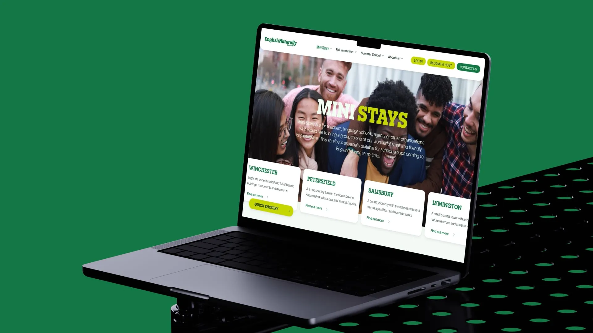 Angled laptop mockup featuring the English Naturally mini stays webpage