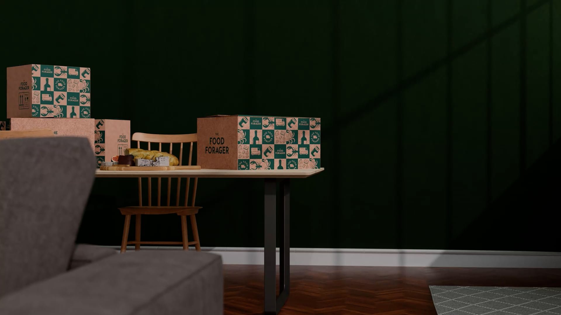 a cardboard box with green logos on a wooden table