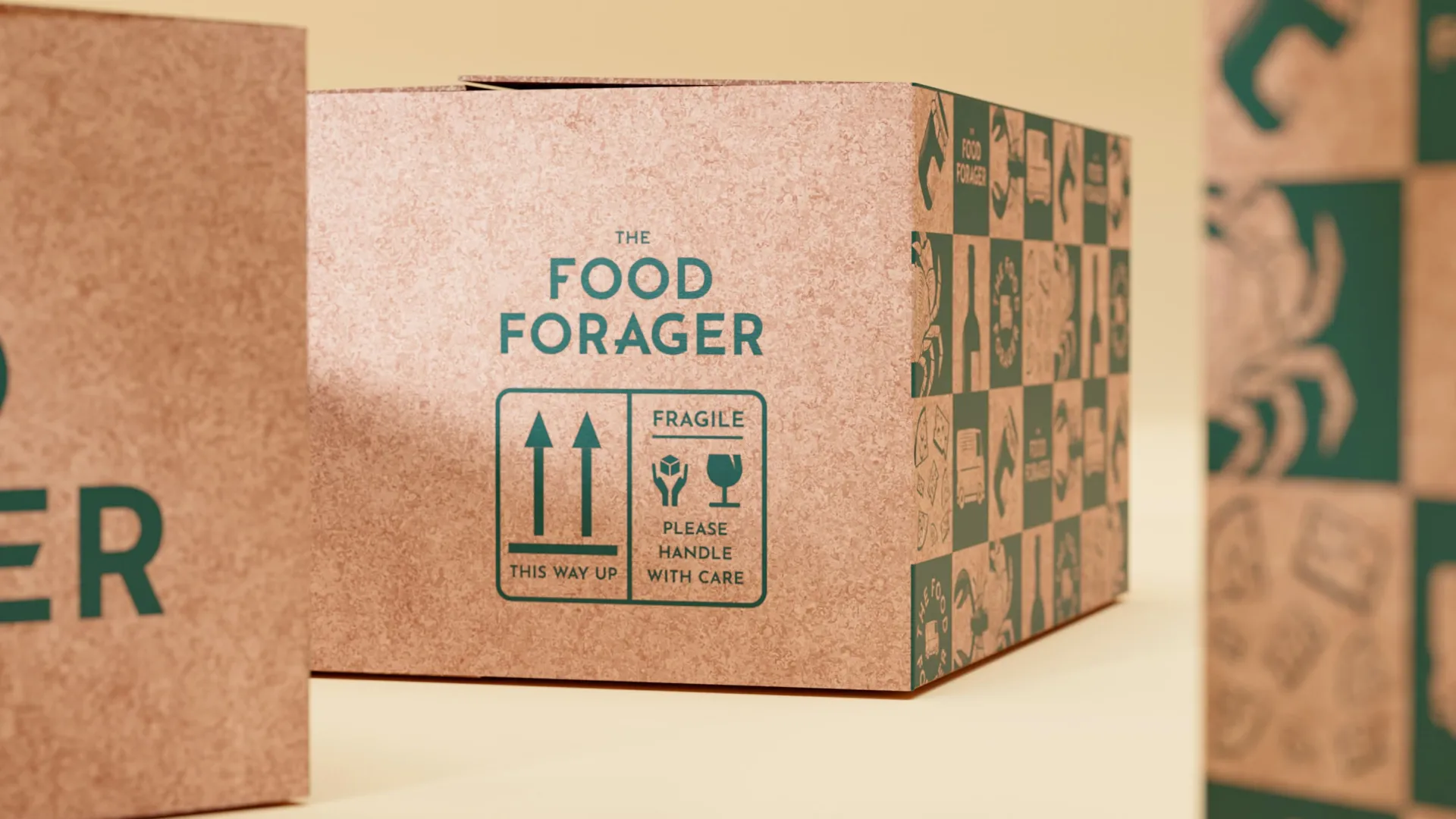three food forager cardboard boxes with green motif