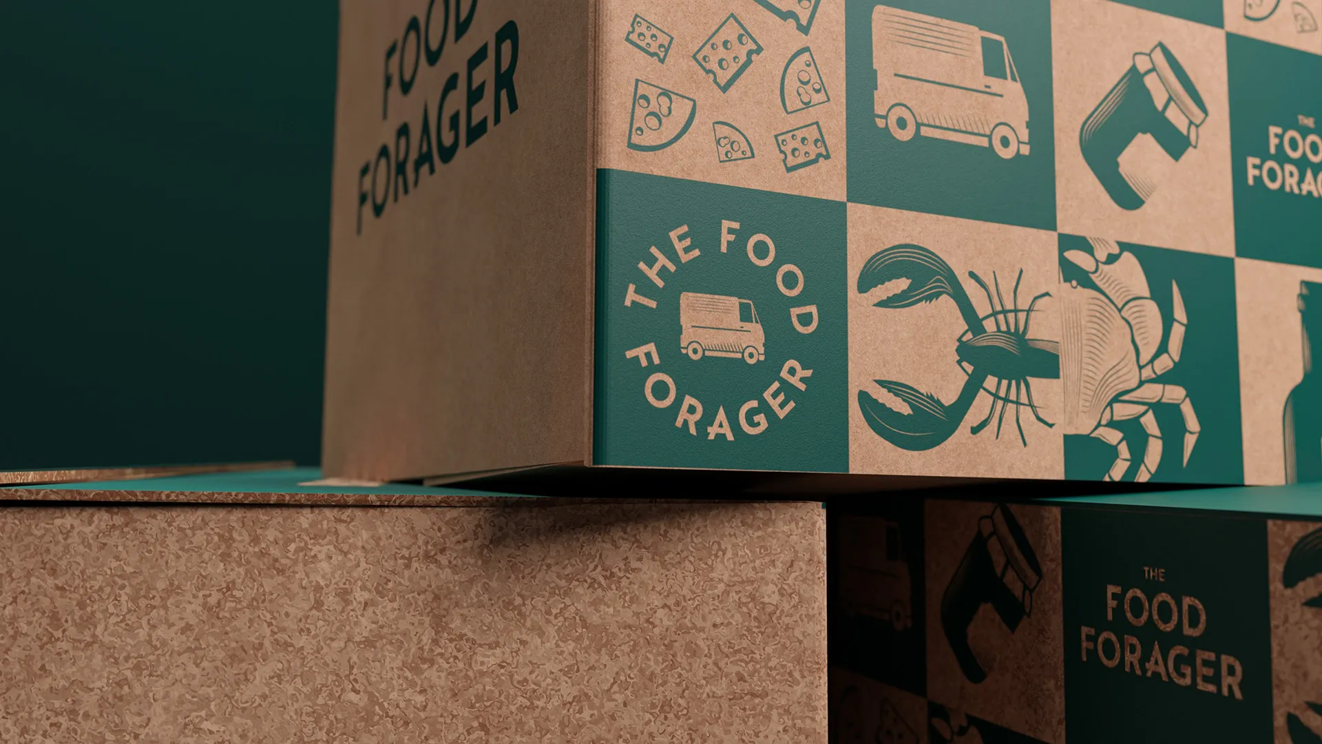 a tight close up of a cardboard box with green icons of lobsters and food