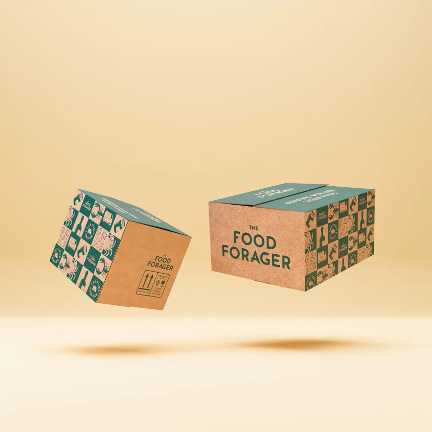 two cardboard boxes suspended in mid air on a yellow background