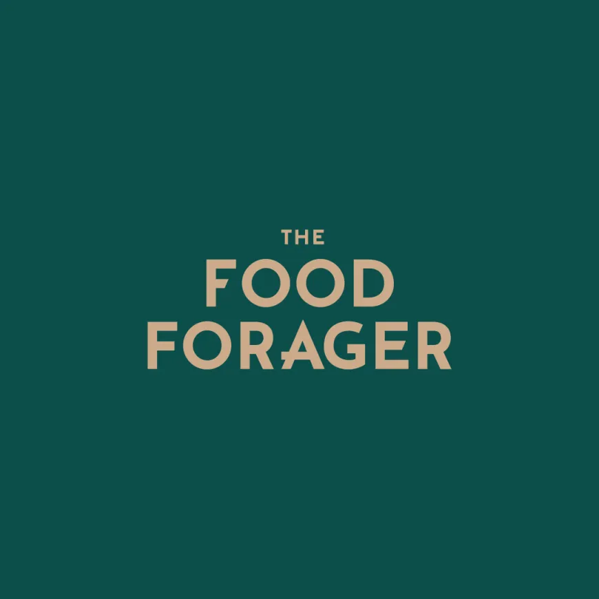 a gold 'the food forager' logo on a green background