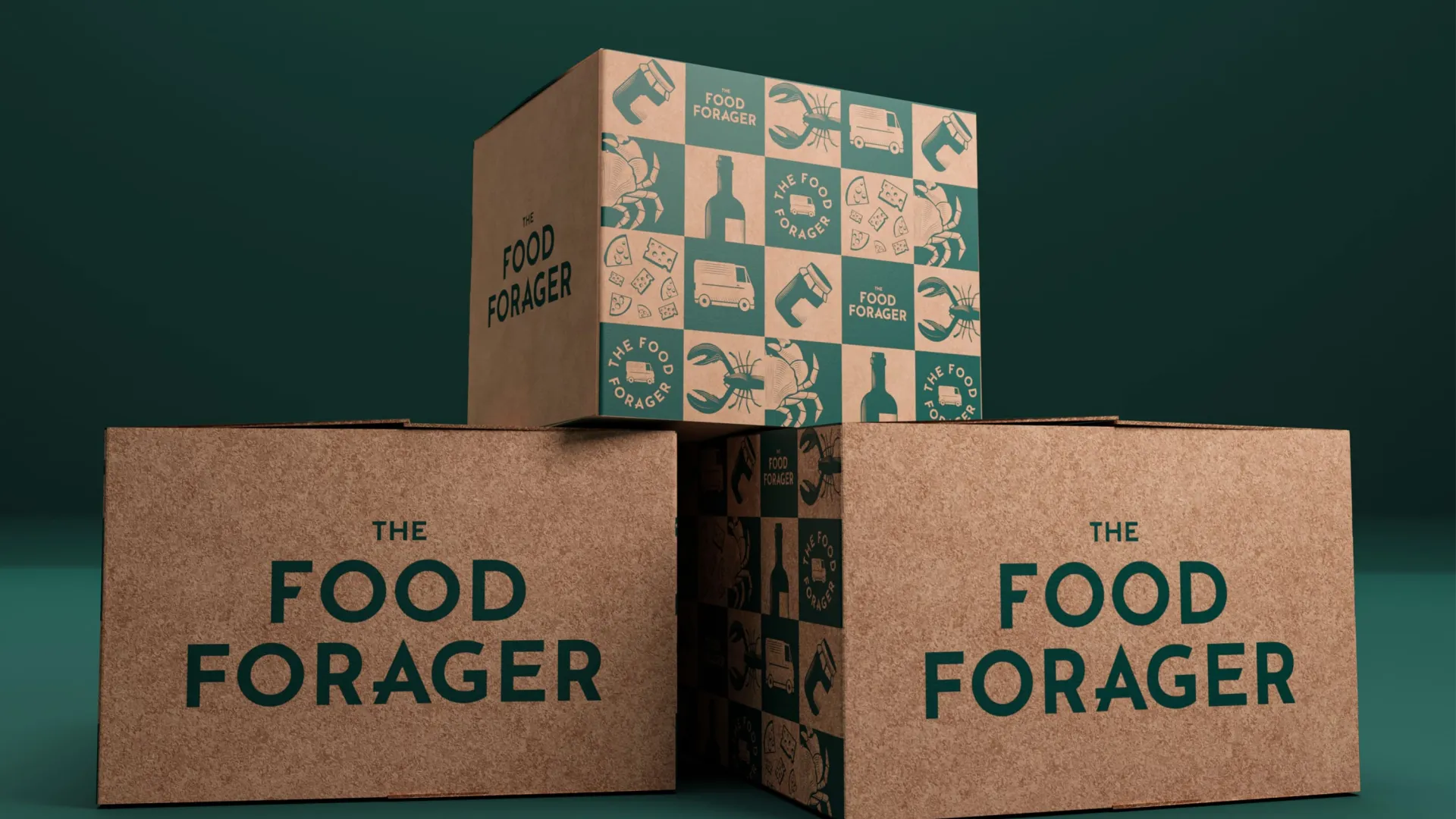 three cardboard boxes with food forager motifs on a green background