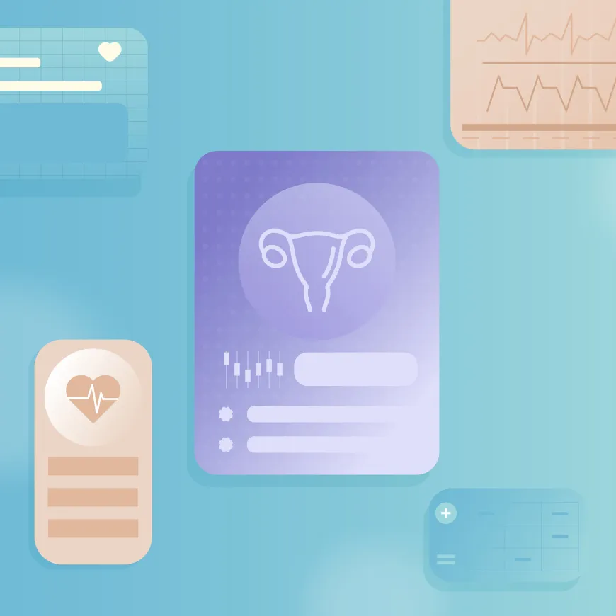 Cards of illustrations of uterus and health statistics floating on a blue background.