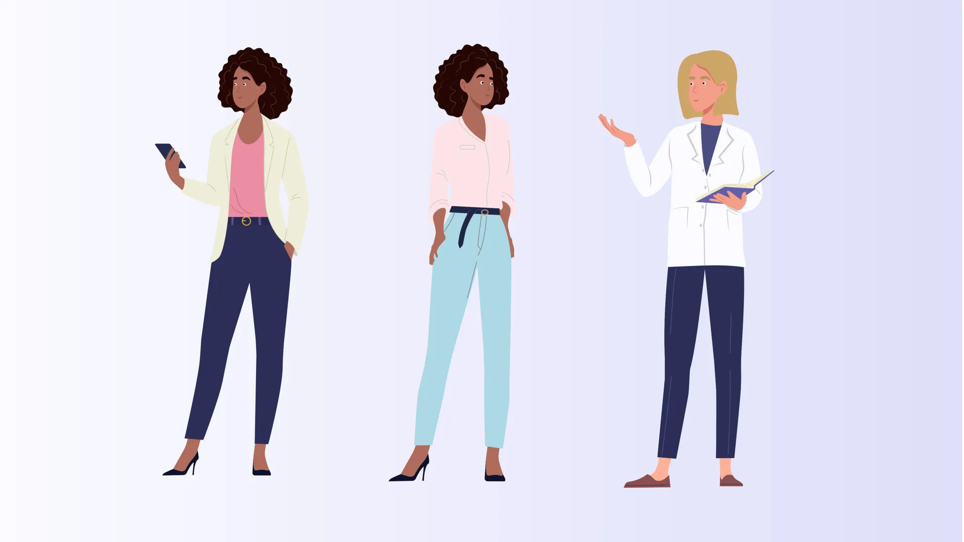 Three character illustrations lined in a row on light purple background.
