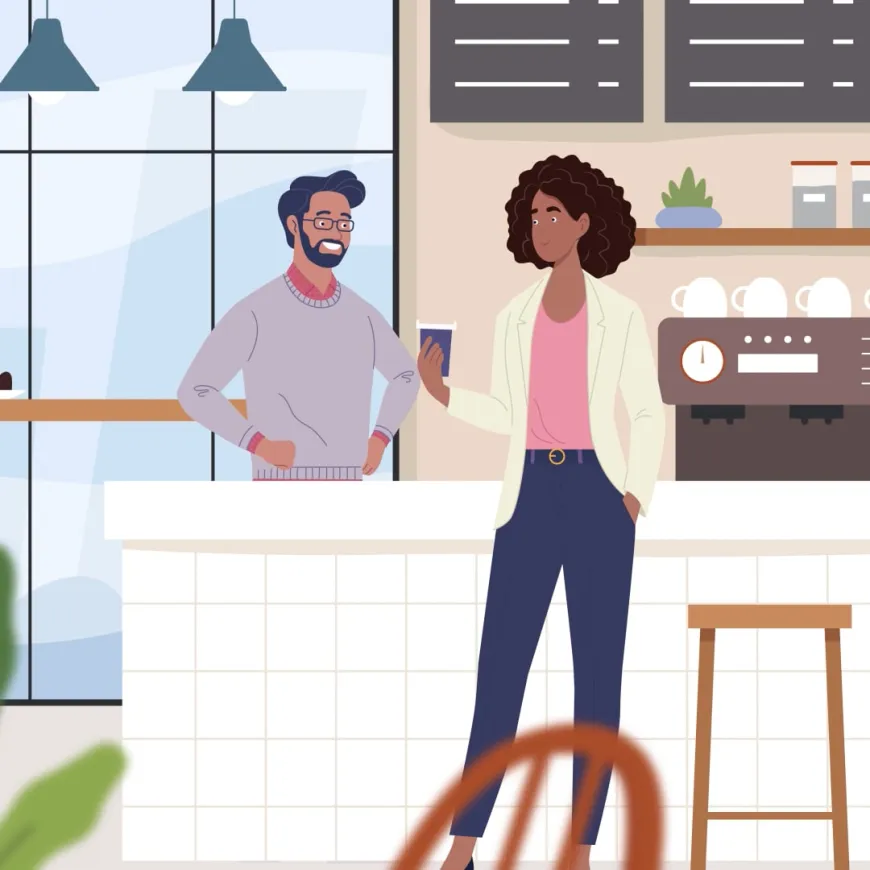 Female character at a coffee shop being served by barista illustration.