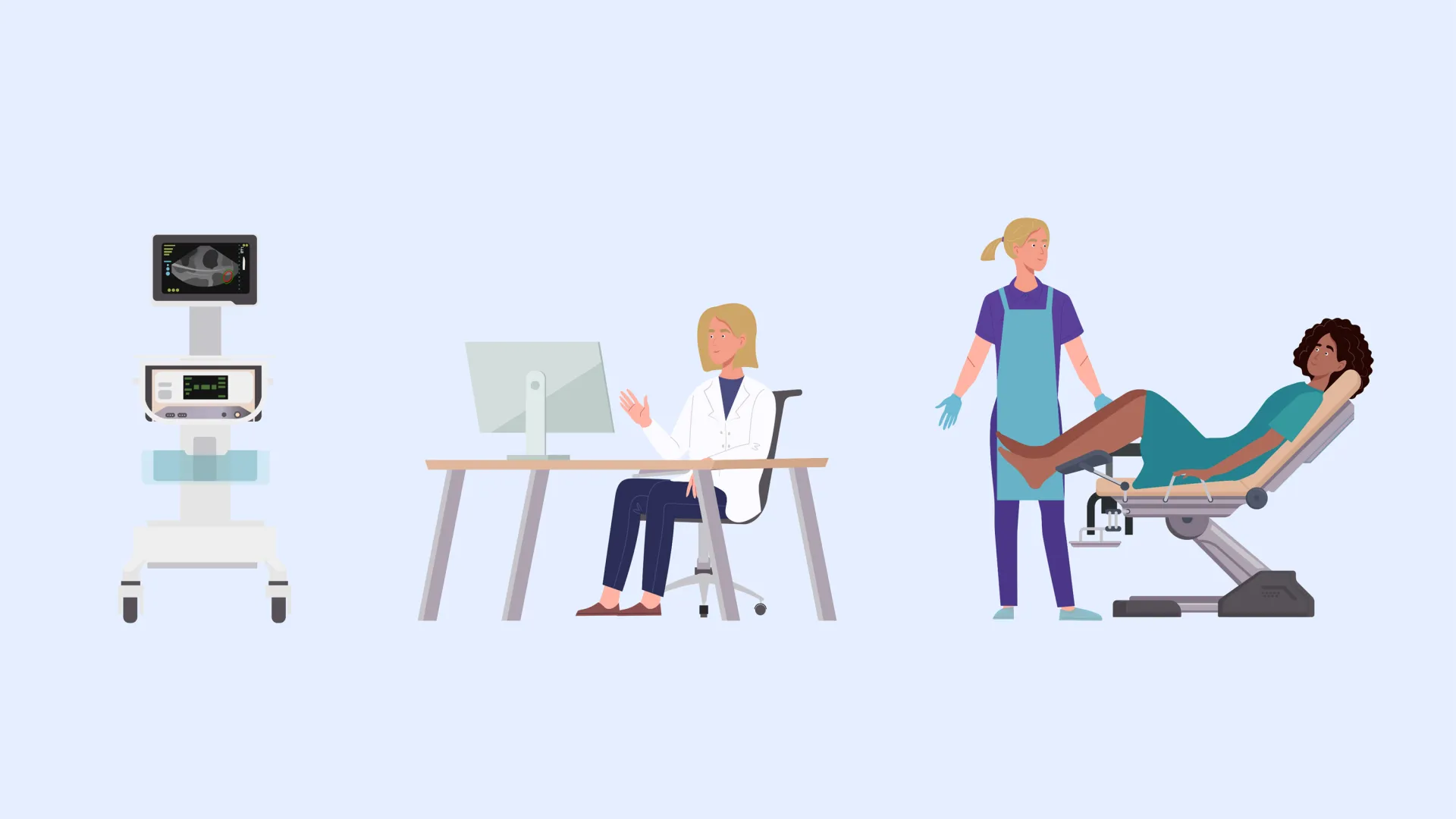 Medical equipment female doctor and female patient illustration.