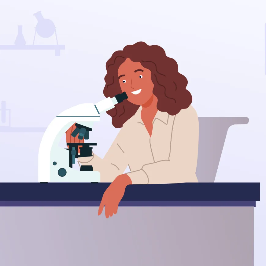 Female practitioner leaning over a microscope smiling illustration.