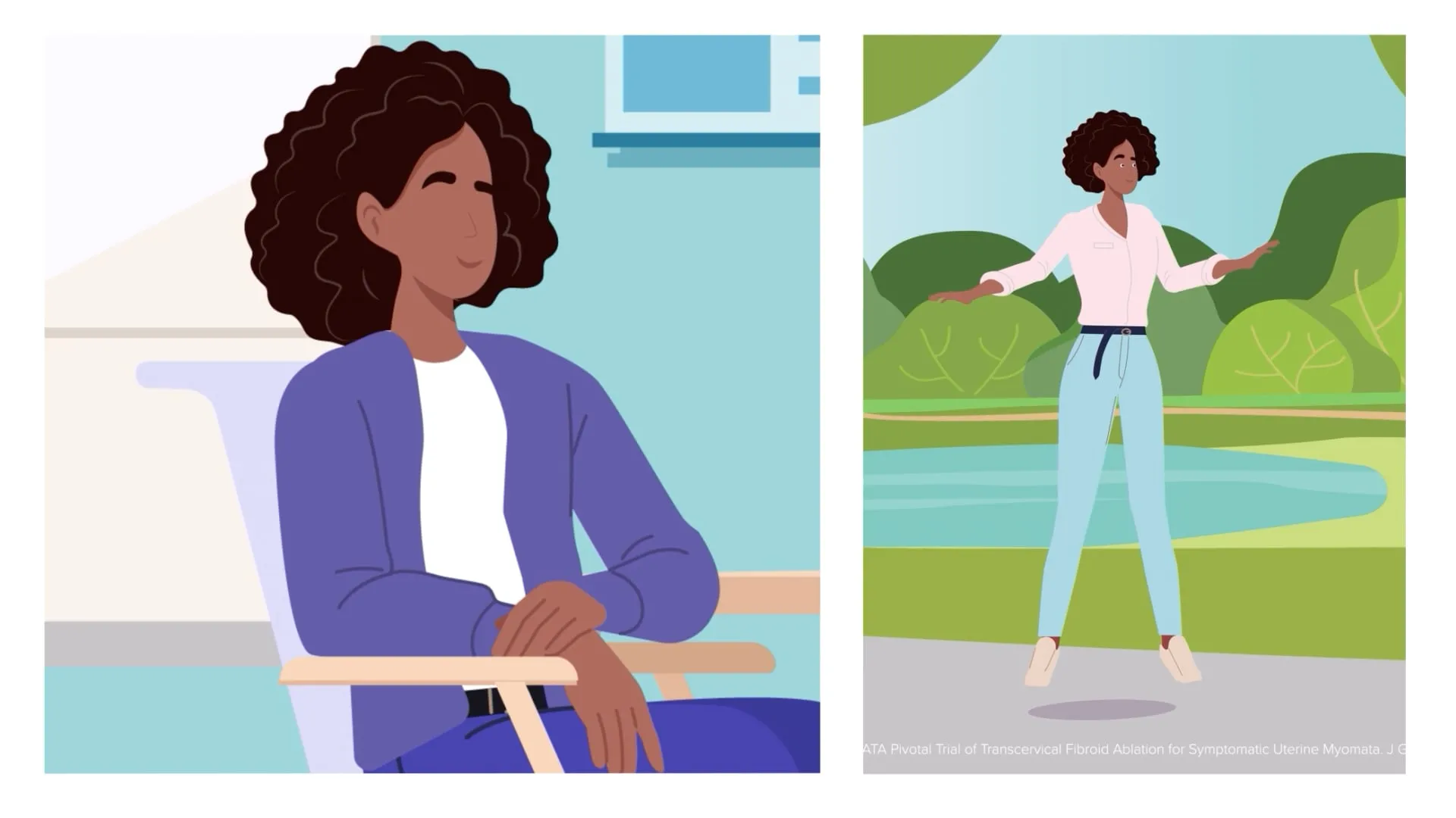 Woman in two different scenes illustration, one inside sat down and one outside jumping.