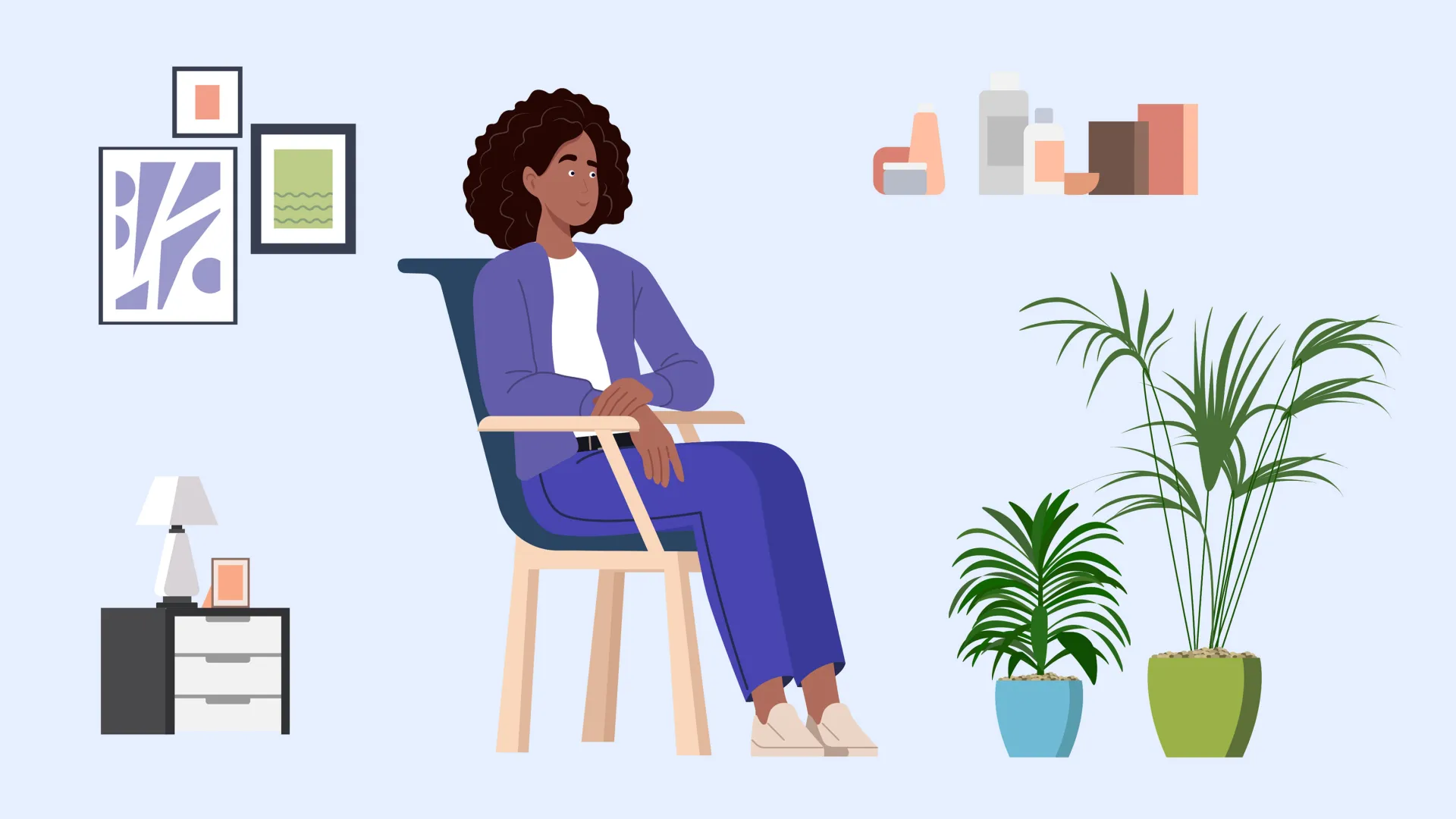 Woman sat in arm chair, with house hold items illustration.