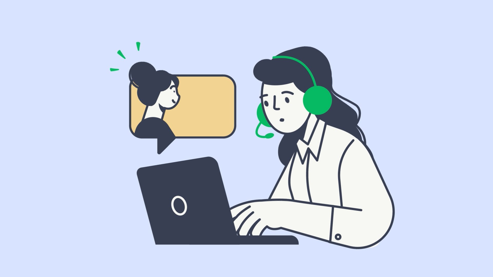 Character illustration of woman on headphones talking to a customer on laptop