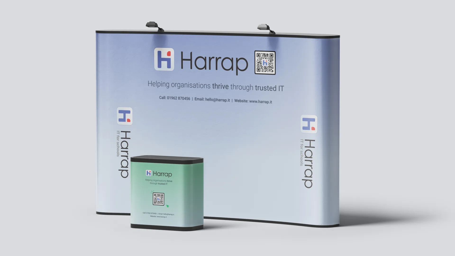 Mockup of a Harrap exhibition stand with slogan and QR code