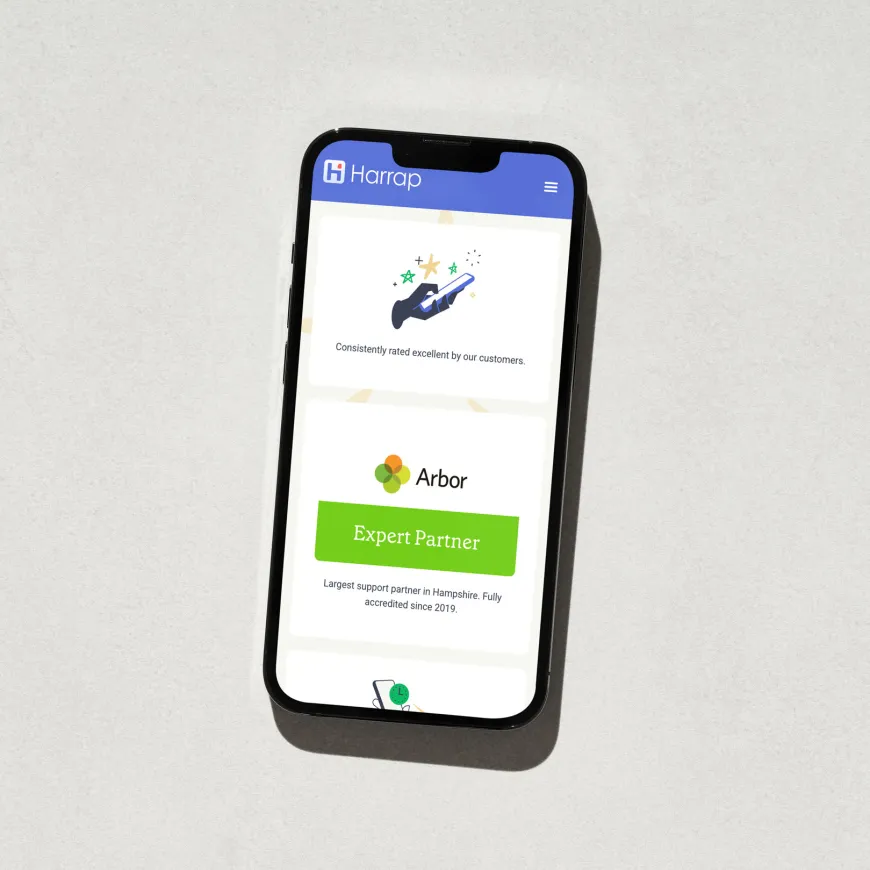 Mobile mockup with Harrap website
