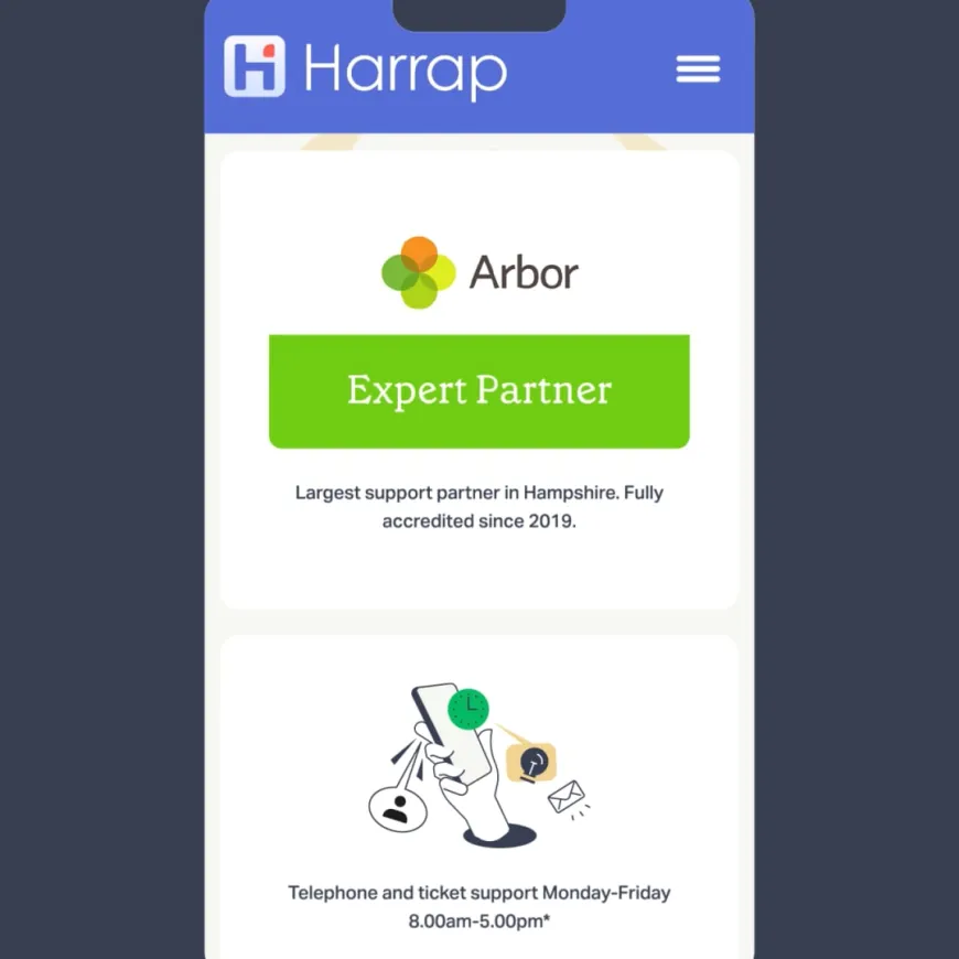 Outlined mobile screen with harrap arbor badge