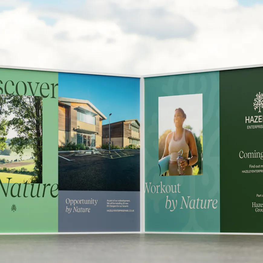 Branded boarding panels for Hazeley Enterprise Park featuring nature-inspired imagery and messaging