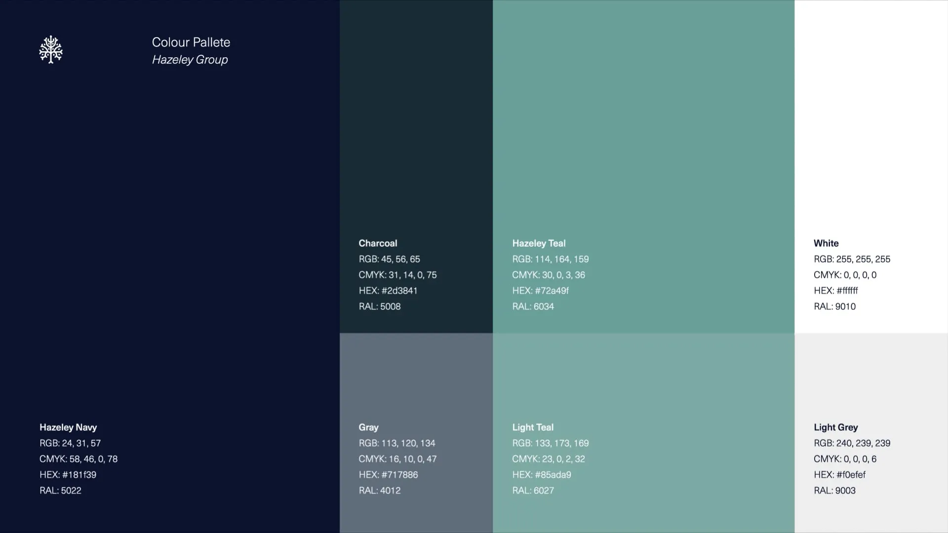 Hazely Group colour palette displaying navy, charcoal, teal, grey and white brand colours with their specifications