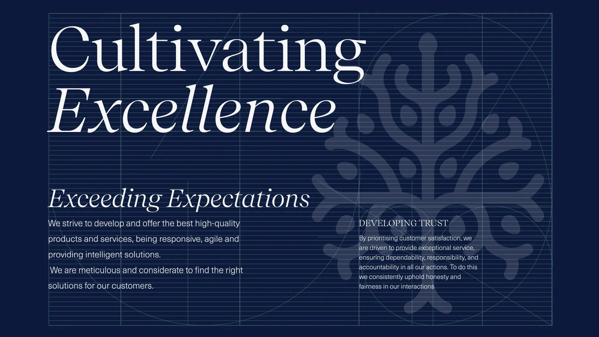 Typography-led graphic featuring the words “Cultivating Excellence” alongside a stylised tree motif and supporting brand values
