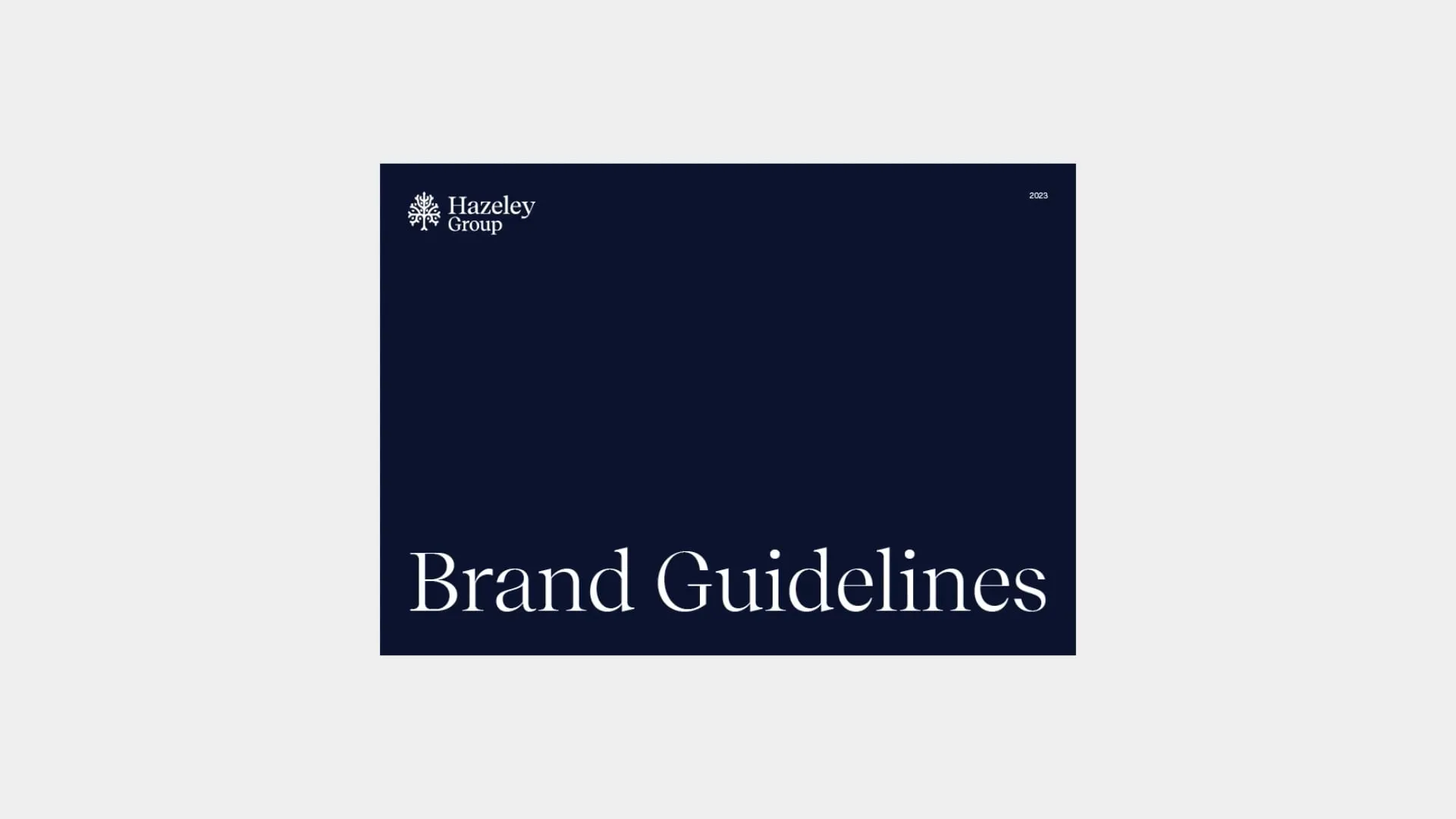 Cover of the Hazely Group brand guidelines document featuring the logo and title on a navy background