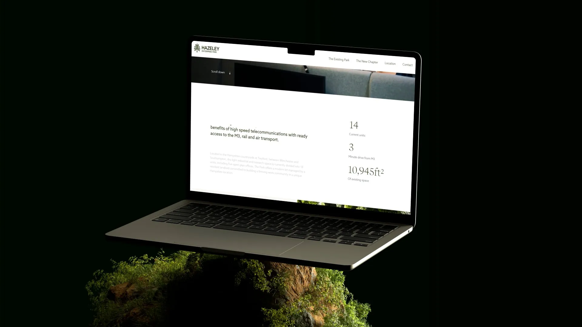 Laptop mock-up showcasing the Hazely Enterprise Park website floating above a landscaped base against a dark background