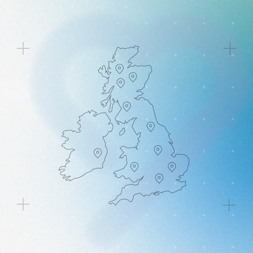Outlined map of the United Kingdom with location marker pins.