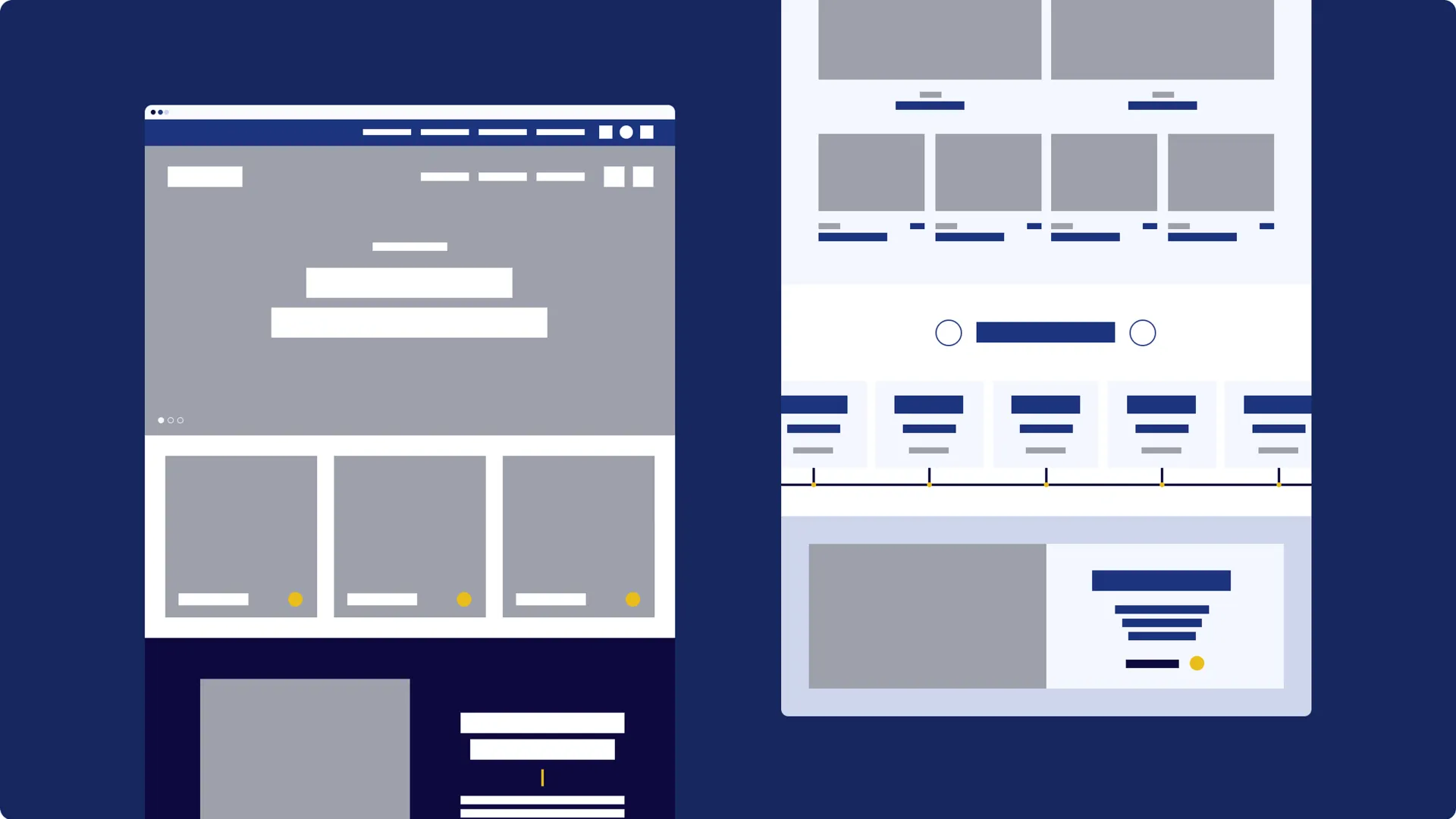 Wireframe layouts showing desktop website page sections and content blocks
