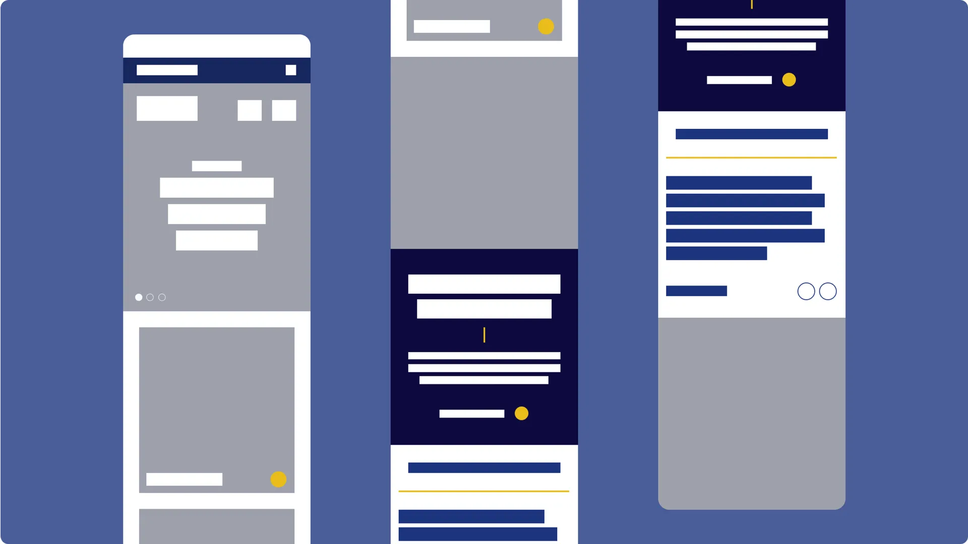Wireframe layouts illustrating responsive mobile page designs and content sections