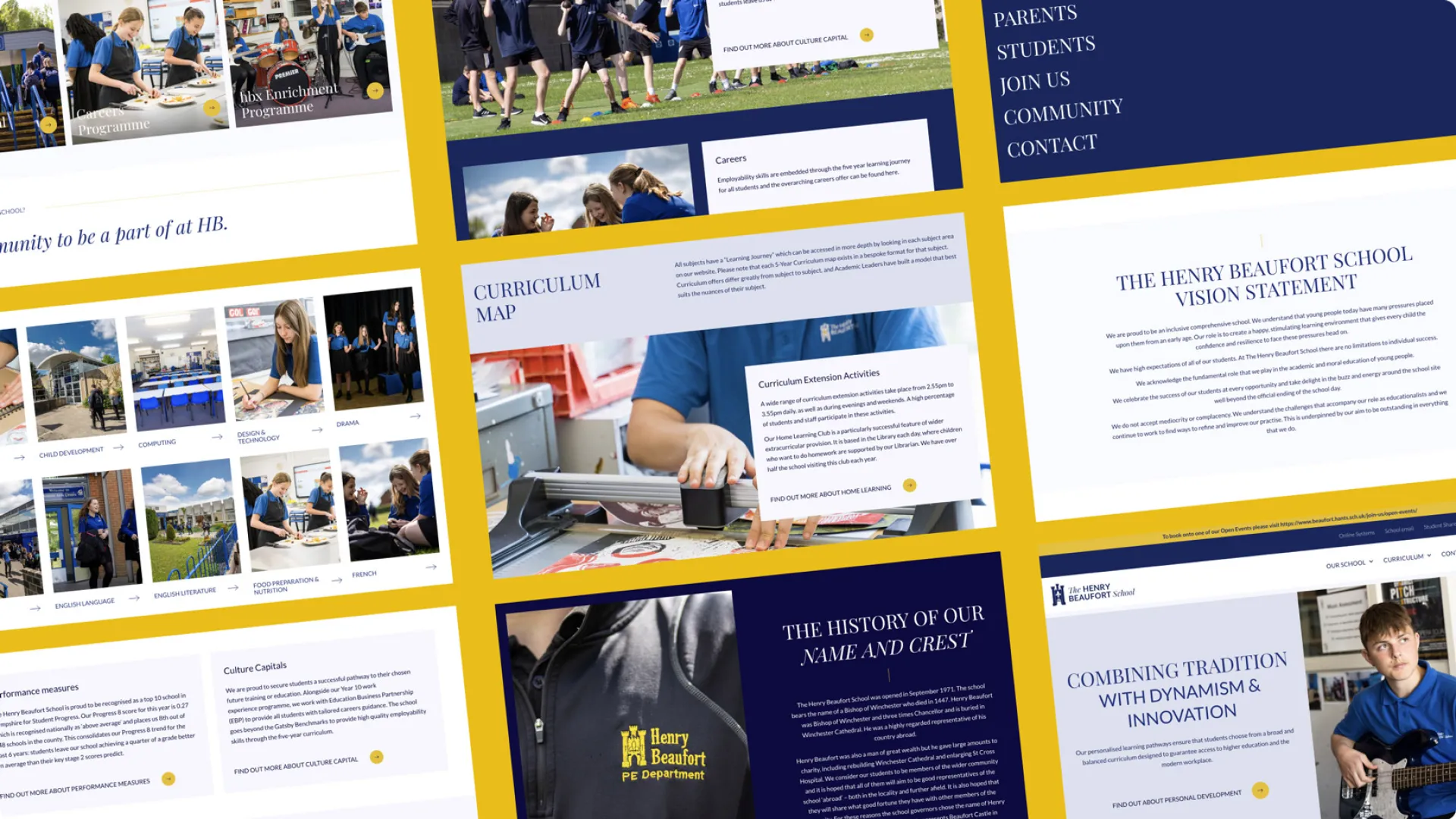 Collage of website pages and content sections arranged in a grid layout