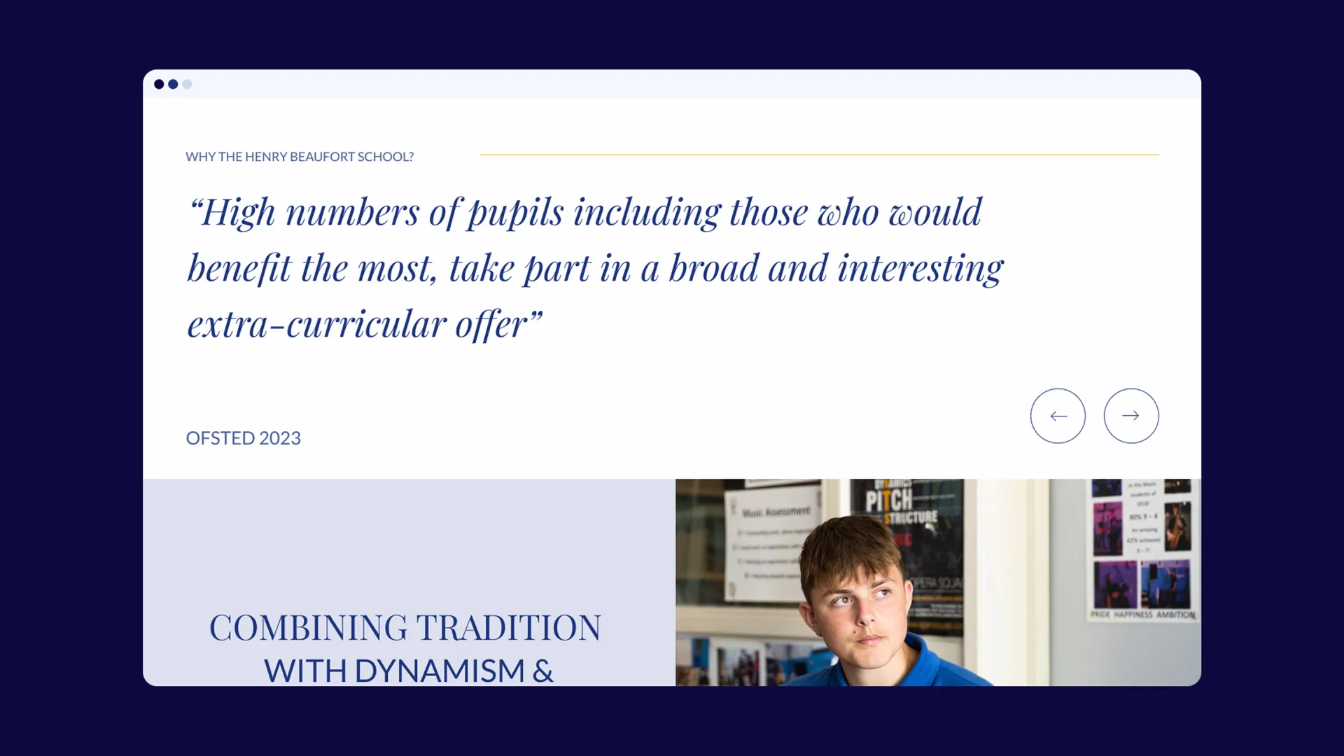 Website panel featuring an Ofsted quote above an image of a student in a music classroom