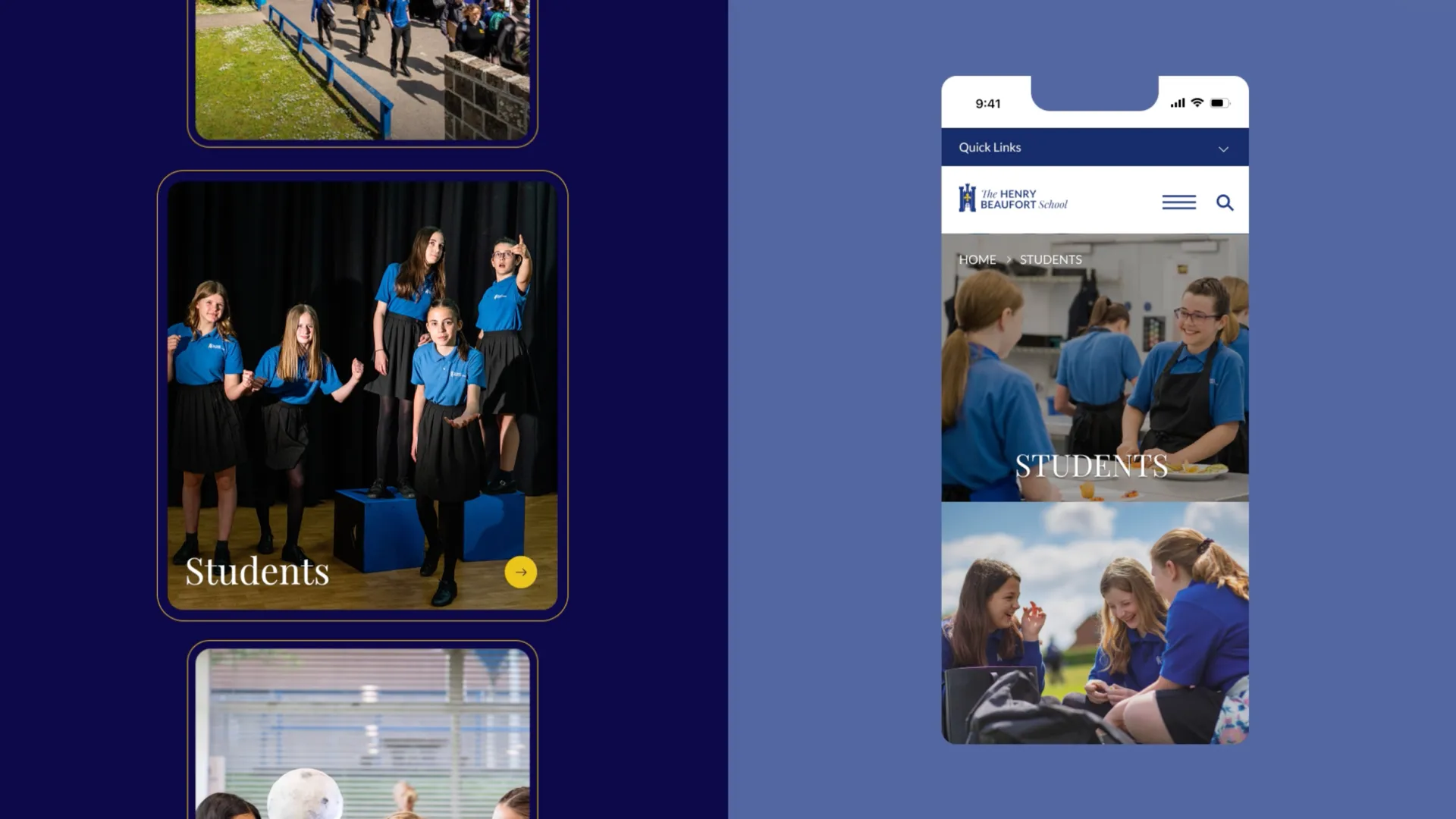 Split-screen design showing student content cards alongside a mobile view of the website