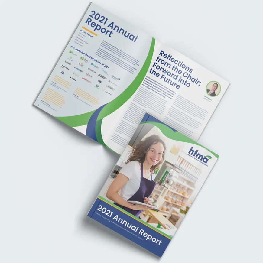 HFMA 2021 annual report brochure open double spread.