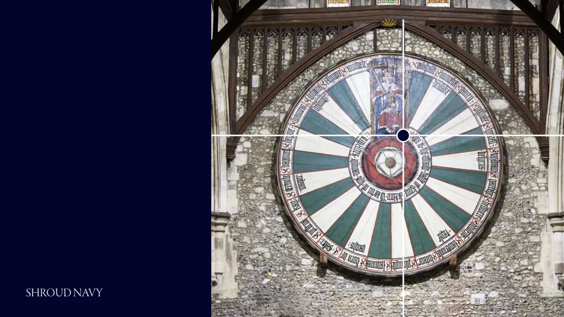 The left is a deep blue, on the right is a photograph of the round table in white and green