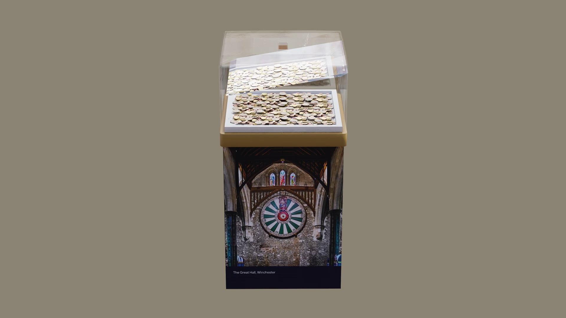 a light background with a mock up of a donation pillar featuring a photograph of the round table
