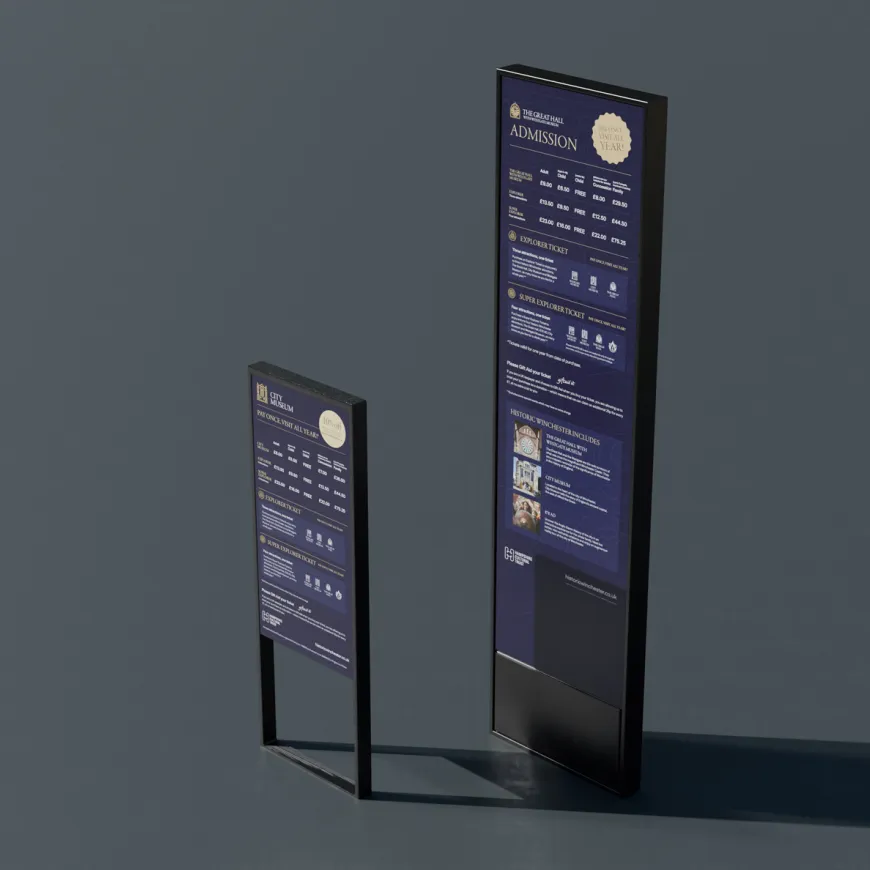 two signs of different size with a blue design showing entry prices for a museum