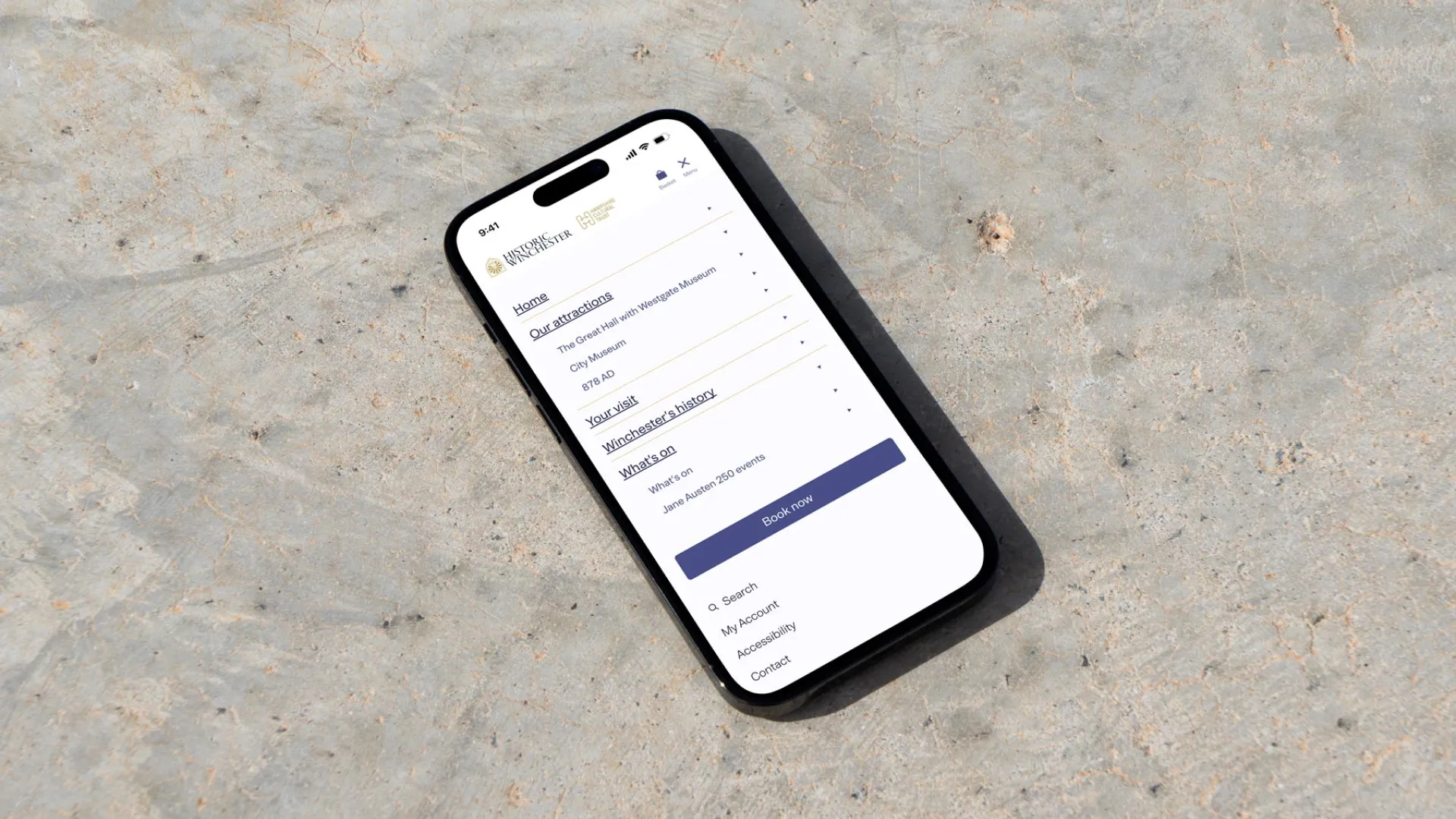 a phone mock up showing the contents of a website menu