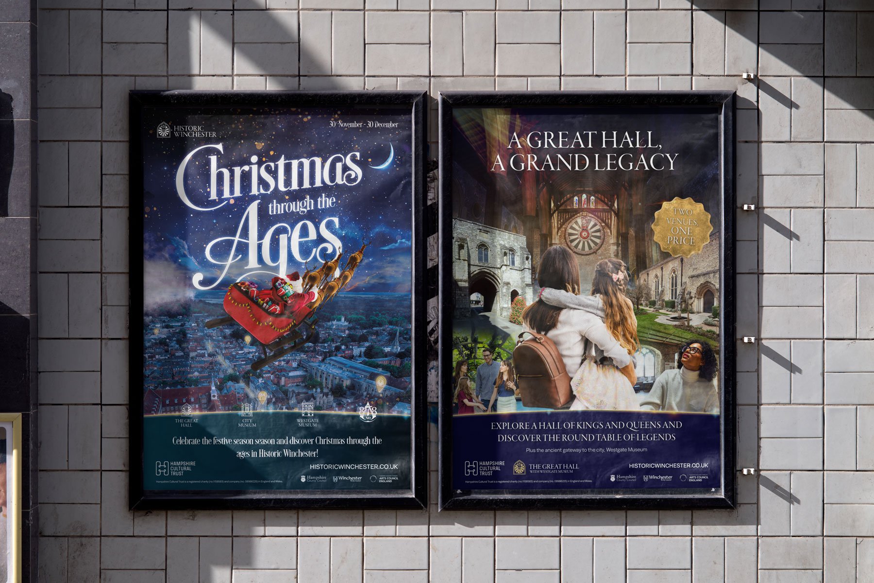two posters in a train station showing different events for the great hall
