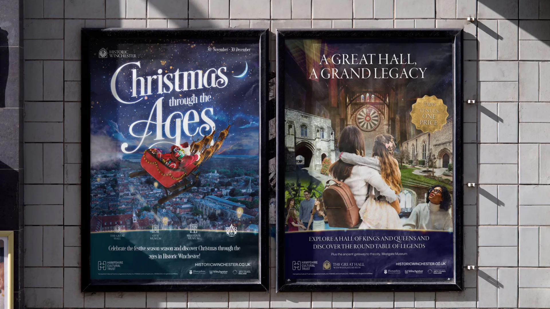 two posters in a train station showing different events for the great hall