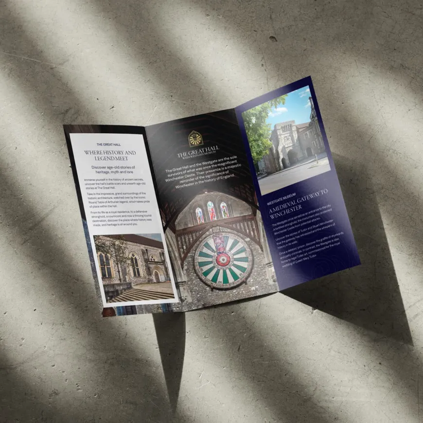 an open tri-fold leaflet with information about the great hall