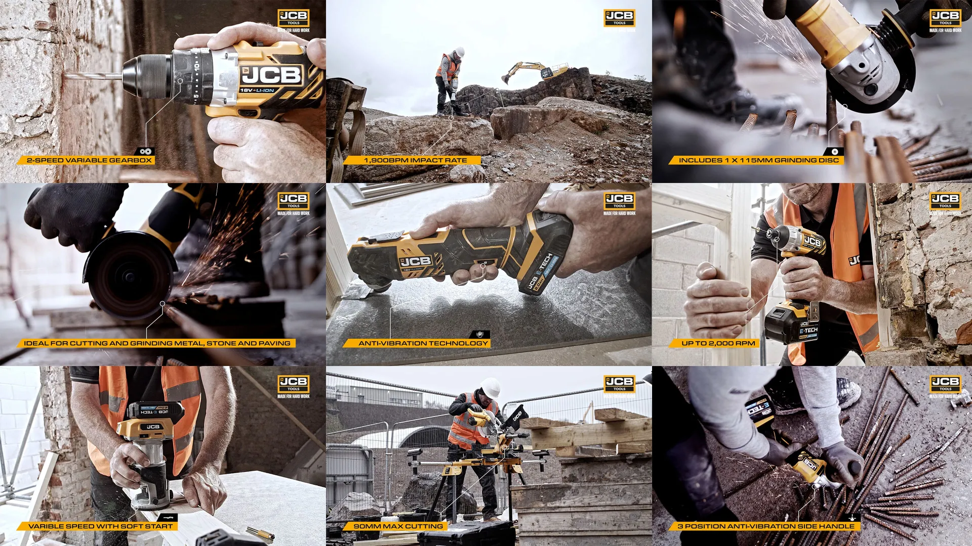 9 frames for jcb tools featuring power tools in use