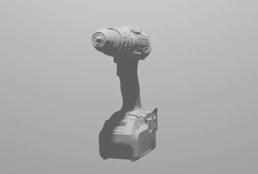 a cgi render of a grey power drill