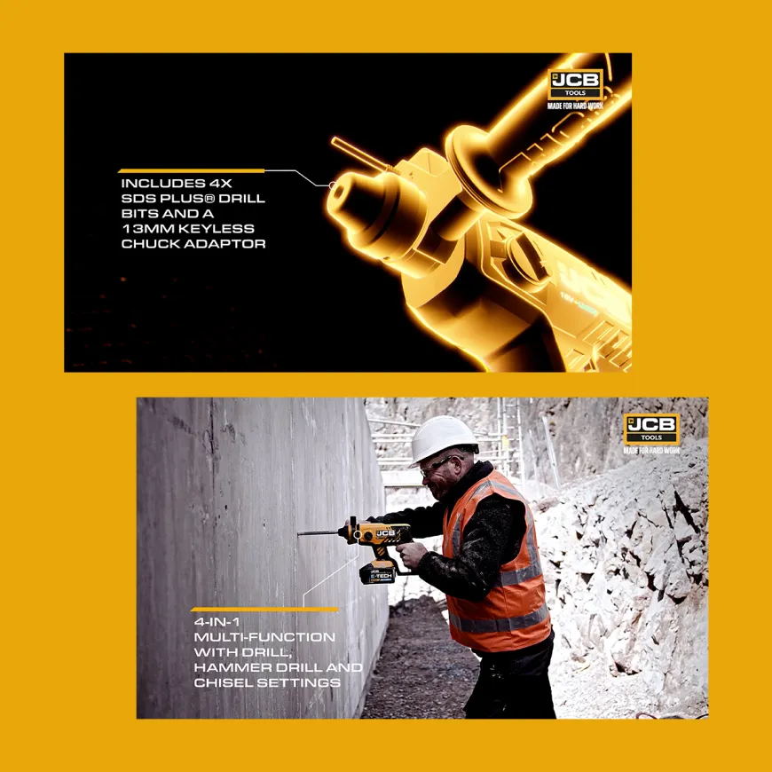 two images the top is an orange power drill the bottom is the power drill in use