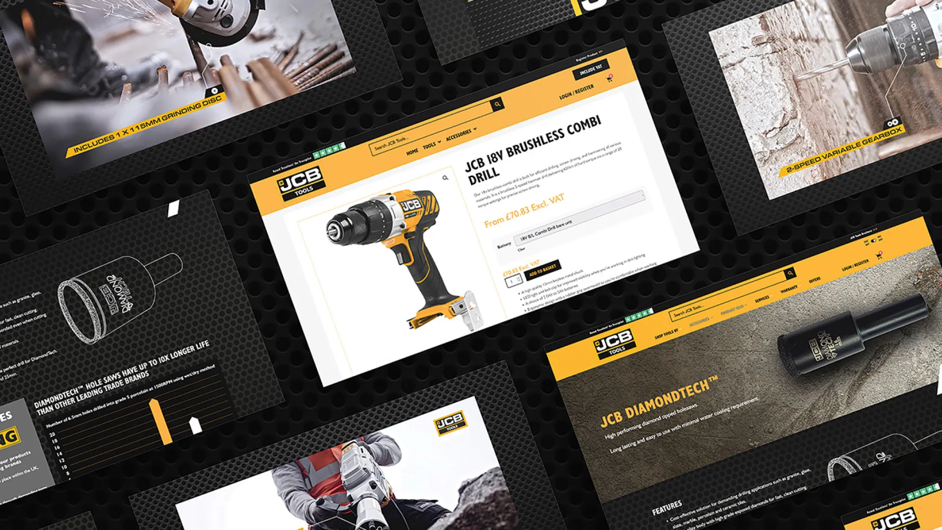 a digital render for JCB tools website featuring various power tools