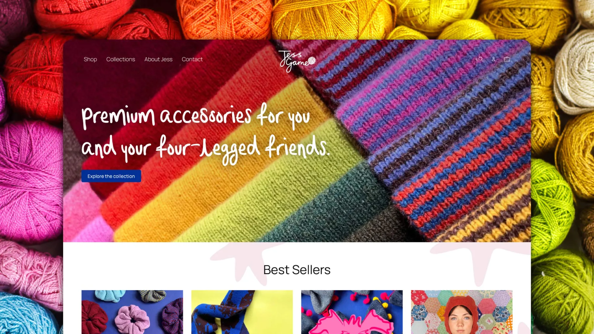 Desktop capture of Jess Game Knit website over a picture of rainbow balls of knit.