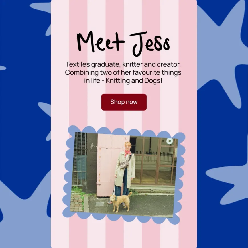 Mobile sized screen components of Jess Game Knit website over a blue star patterned background.