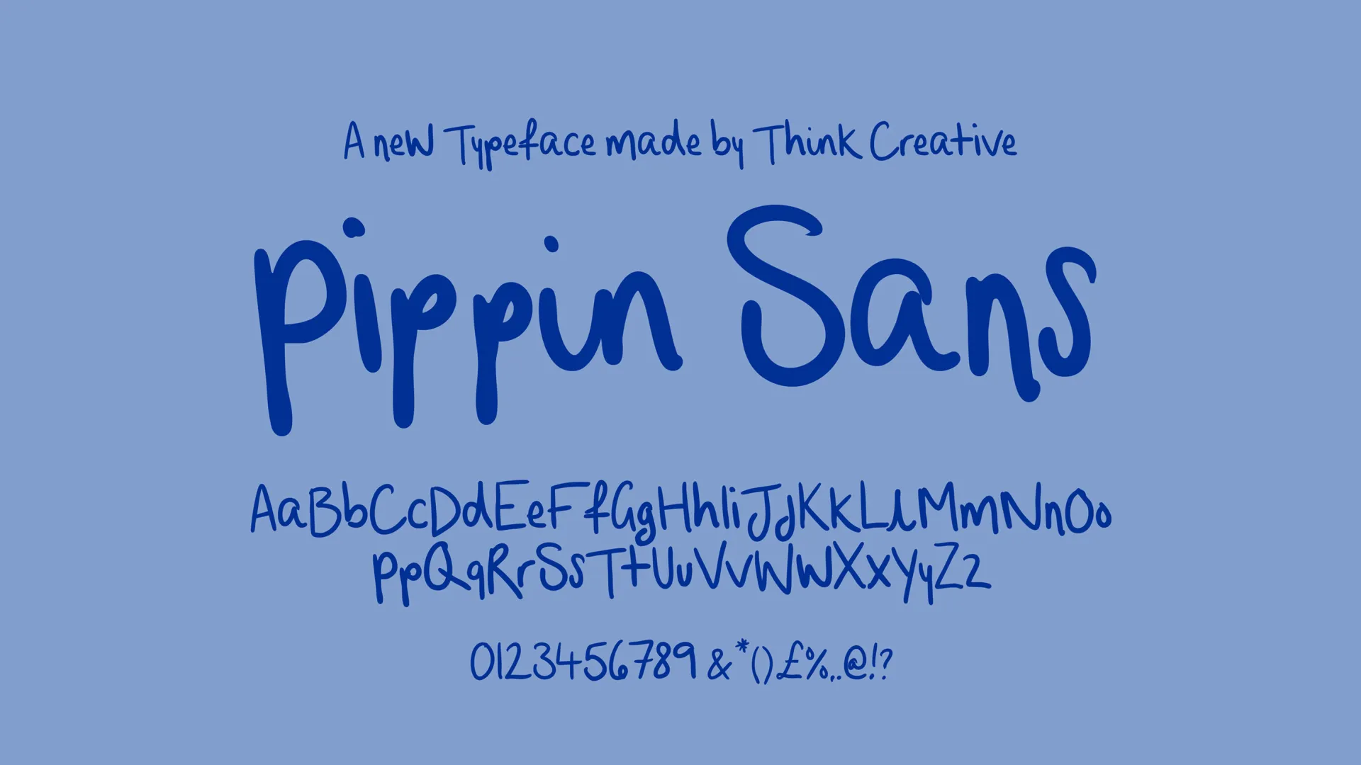 Pippin Sans font and alphabet written in dark blue over a light blue background.