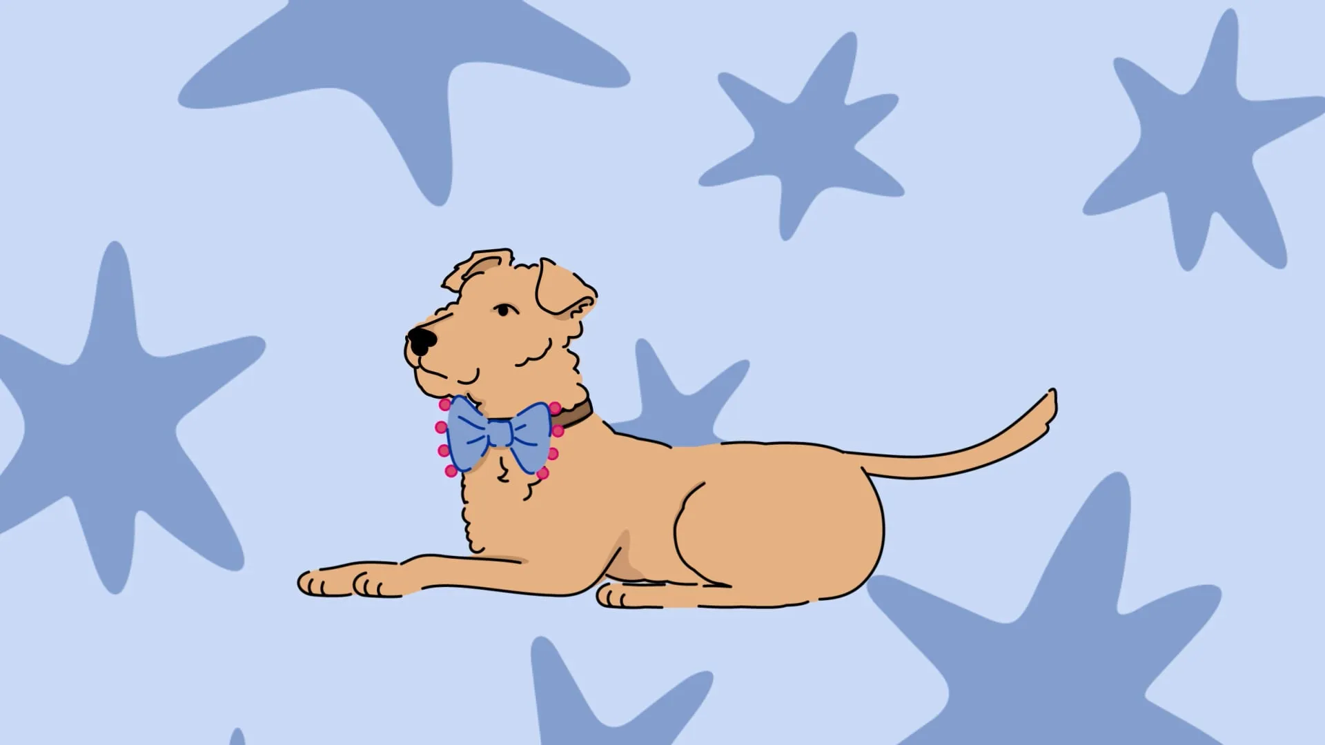 Illustration of Pippin the terrier dog wearing a blue and pink bow tie.
