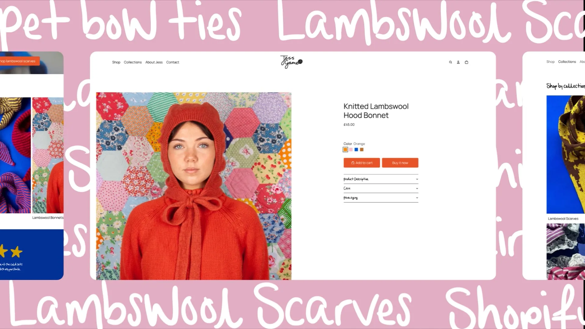 Website pages in a carousel on a pink background with white text.