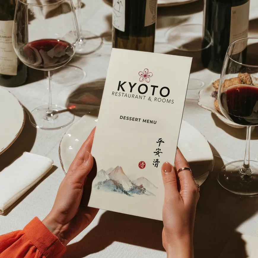 Kyoto dessert menu in a woman's hands over a dressed dinner table with wine glasses.