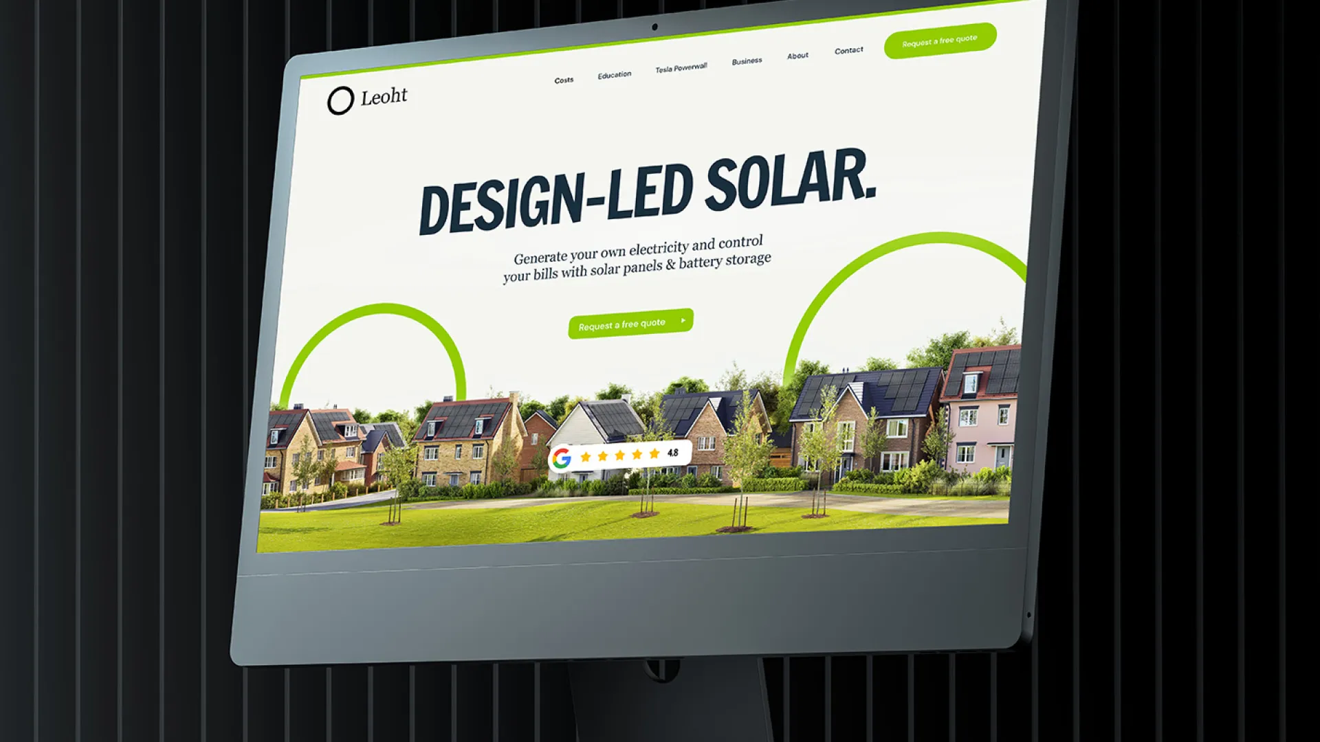 A computer render with a webpage 'design-led solar' is written in black
